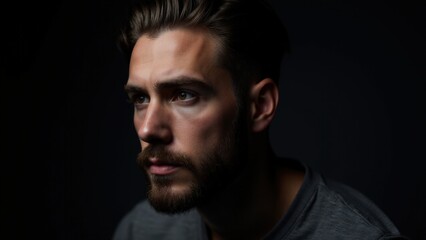 Obraz premium A moody, dramatic portrait of a man showcasing sleek small beard styles, captured with soft shadows and sharp lighting.