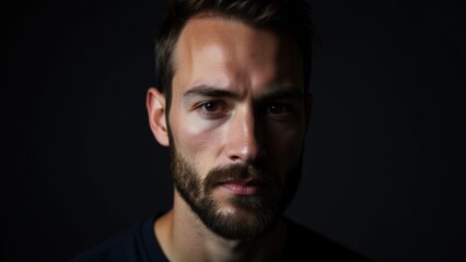 Obraz premium A close-up of a man with small beard styles, illuminated in moody lighting to bring out the sharp details.