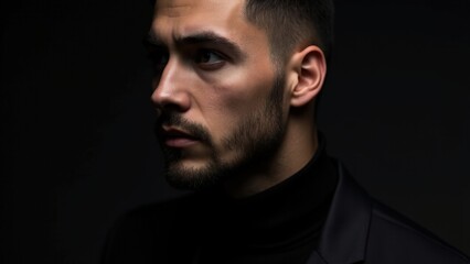Fototapeta premium A stylish man with neat small beard styles, captured with soft, dramatic lighting that emphasizes his sharp details.