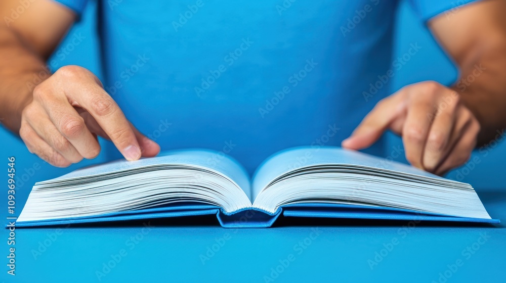 Aufkleber close-up of open book with man's hands reaching towards it