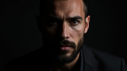 Obraz premium A clean-cut man with trendy small beard styles, illuminated under dramatic lighting that enhances his features.