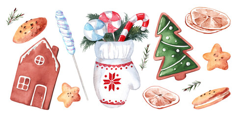 Watercolor set of illustrations of Christmas sweets isolated on  white background. Gingerbread and candy canes for New Year's holidays