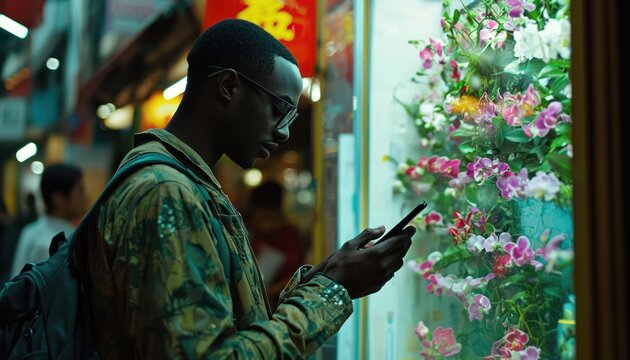 Man in Camouflage Jacket Using Phone in Front of Flower Display