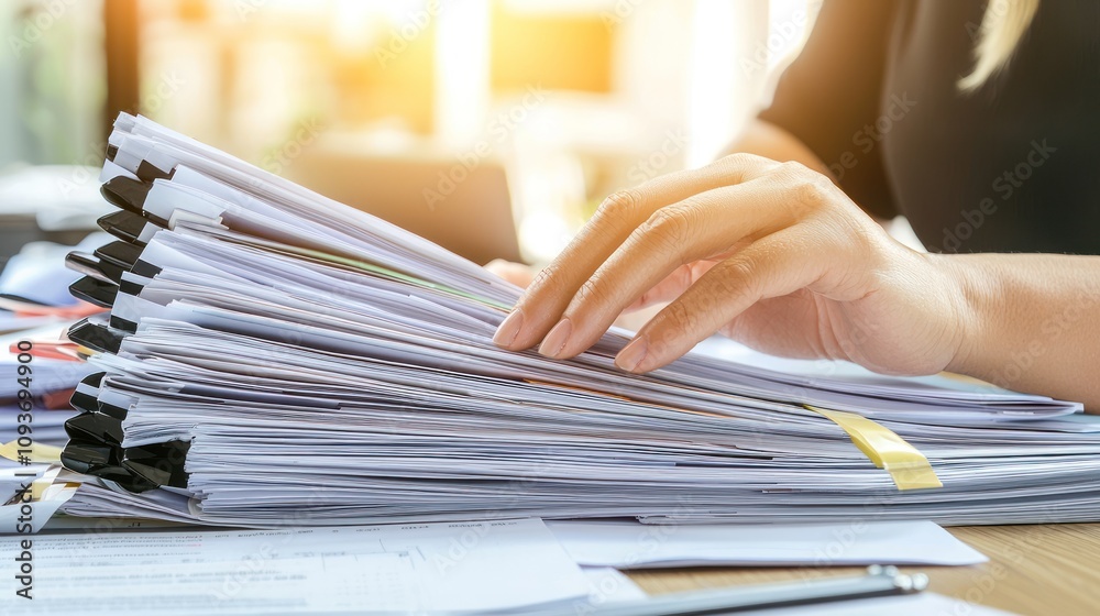 Poster a hand reaching for a stack of papers on a desk