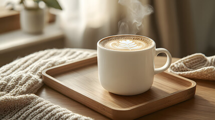 A steaming cup of freshly brewed coffee with latte art on a wooden tray.