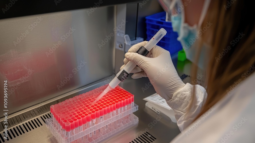 Poster a person in protective gear using a pipette to transfer liquid into test tubes