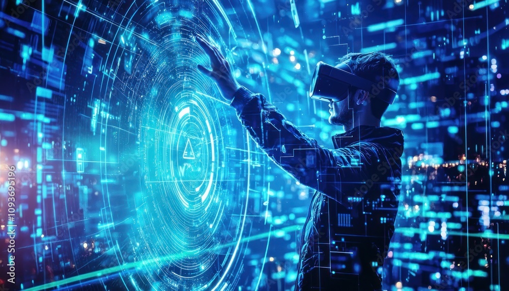 Poster A Man Interacting with a Futuristic Digital Interface in a Virtual Reality Setting