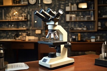 Modern trinocular microscope with multiple lenses and objectives stands on wooden table in laboratory setting, ready for scientific research and analysis
