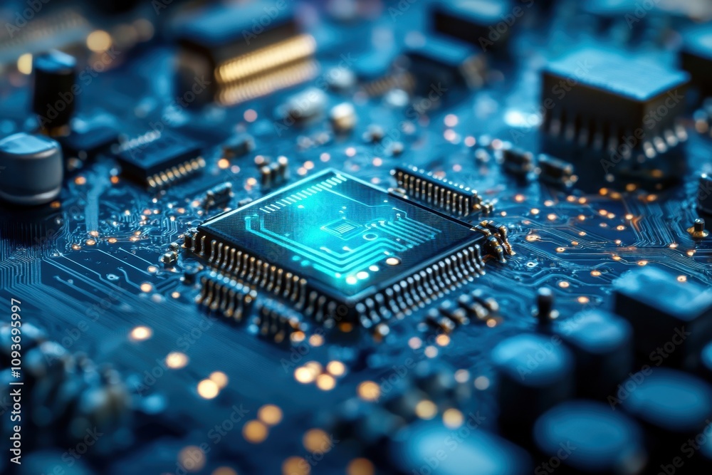 Poster close-up view of a microprocessor on a circuit board with glowing connections