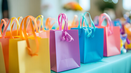 A table filled with birthday goodie bags in vibrant colors topped with ribbons.
