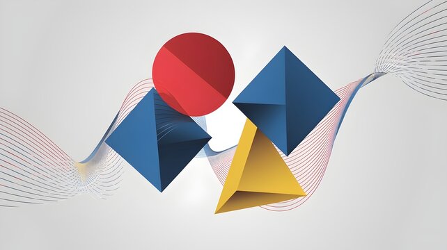 Suspended shapes: A red circle, blue square, and yellow triangle connected by lines