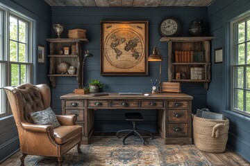 A vintage nautical-themed office with rustic wooden furniture, rope accents, knot motifs, and aged metal decor. Generative AI