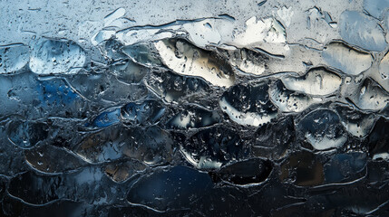 A wet windshield, with wiper blades in action, creates interesting reflections and textures from the rain, forming unique patterns on the glass surface