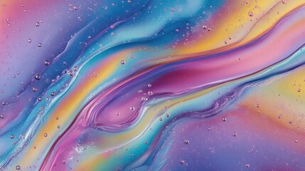 Abstract iridescent liquid swirls with bubbles.