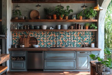 An eclectic vintage kitchen with patterned tiles, open shelves, antique dishware. Generative AI