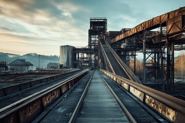 Industrial landscape with rail tracks leading to a processing facility at dusk