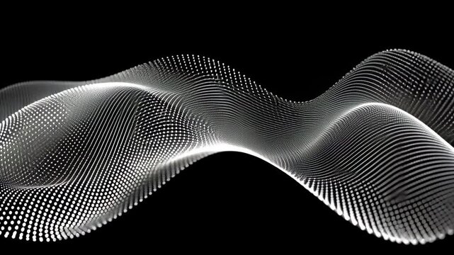 Dynamic white wave pattern flowing across a black background with intricate dot formations
