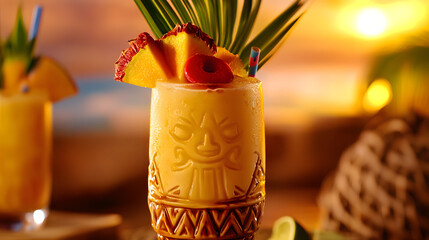 A tropical mai tai cocktail served in a tiki glass with exotic fruit garnish.