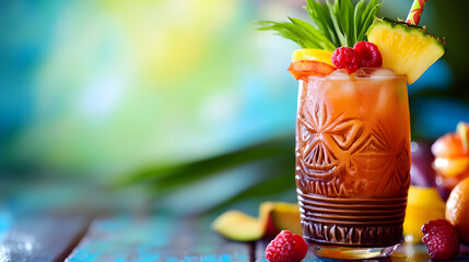 A tropical mai tai cocktail served in a tiki glass with exotic fruit garnish.