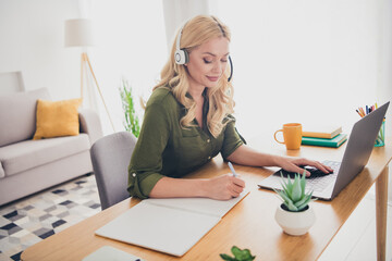 Photo of attractive lady hr recruiter dressed shirt earphones communicating device indoors...