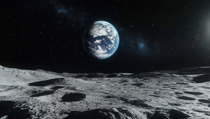 Earths distant view from the rocky surface of the moon in space.
