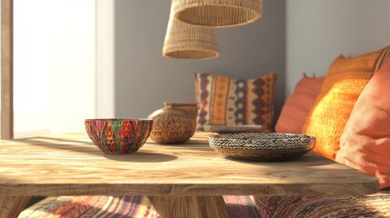 Cozy Modern-Tribal Breakfast Nook 3D Render with Wooden Table and Colorful Cushions in an Ultra-Detailed Interior Design Illustration