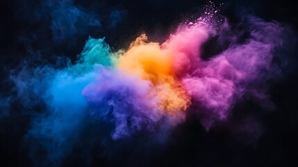Vibrant explosion of multicolored powder against a dark background. Shades of teal, purple, orange, and pink create a dramatic, artistic effect.