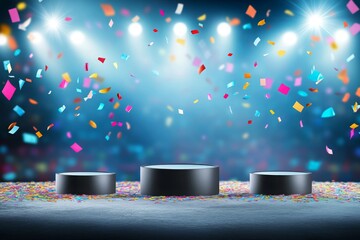 a celebratory Empty Winners podium under bright stadium lights with confetti . victory olympic podium.