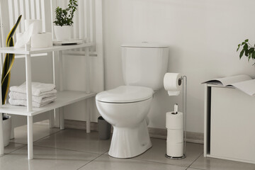 Modern toilet bowl, paper holder and shelving unit in restroom