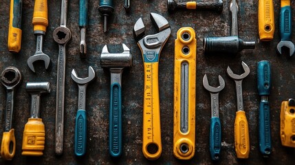 Assorted hand tools arranged on a rustic surface.