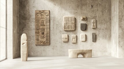 Vibrant Modern-Tribal Gallery Wall with Colorful Artwork and Handcrafted Sculptures in 3D Render Illustration