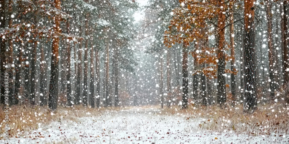 Aufkleber a snowfall in a pine forest with a path leading through