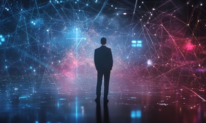 Fototapeta premium Businessman standing looking at global digital data network technology