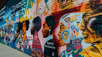 Fototapeta premium an inspiring mural adorned with the words Diversity Equity Inclusion painted boldly amidst a collage of diverse faces and cultural icons, Positioned prominently in a bustling urban square