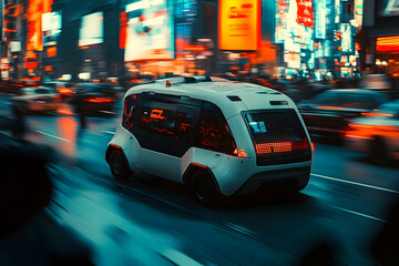 Fototapeta premium An innovative self-driving car moves smoothly past colorful lights and bustling traffic