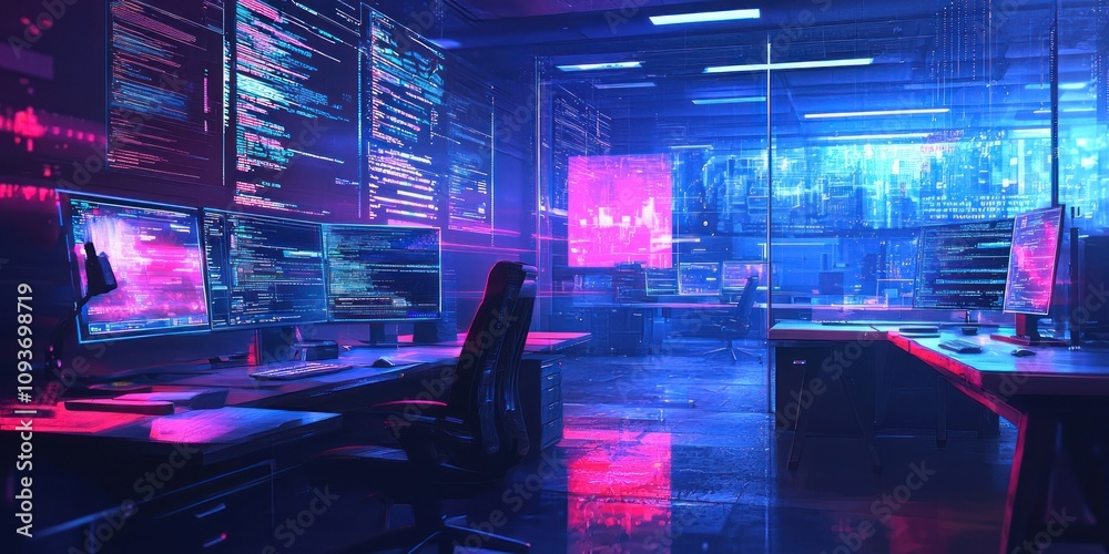 Poster Hacker's Workspace Illuminated by Neon Lights and Digital Displays