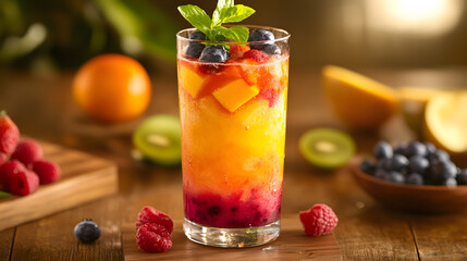 A vibrant fruit mocktail served in a tall glass with intricate garnish.