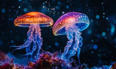 Naklejka premium Colorful magic jellyfish-mushroom, world dark, space background