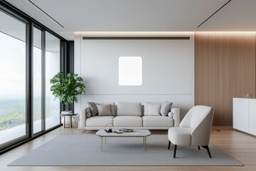 future hotel luxury and smart, A modern, minimalist living room featuring a light sofa, armchair, decorative plant, and large windows, allowing natural light and offering a scenic view.