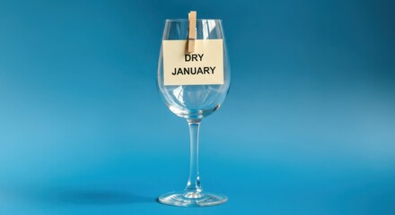 Empty wine glass with dry january note on blue background. 