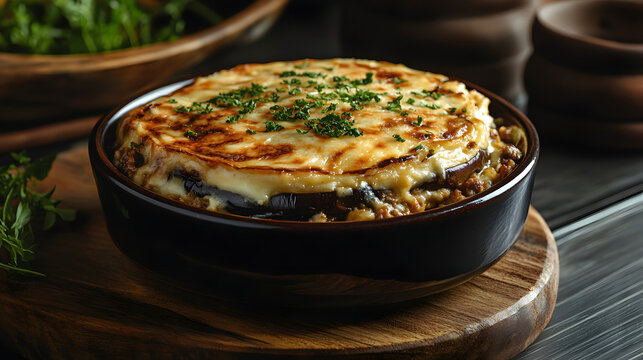 A traditional Greek moussaka layered with eggplant ground meat and b&eacute;chamel sauce.