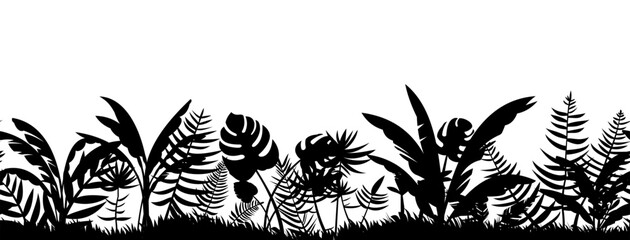 Meadow with grass. Image of black silhouette isolated on white background. composition seamless. Vector tropical landscape. Plants in jungle. Southern thickets.
