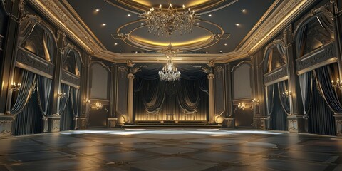 A Grand Ballroom with Gold Accents and Black Velvet Curtains