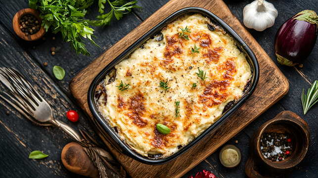 A traditional Greek moussaka layered with eggplant ground meat and b&eacute;chamel sauce.