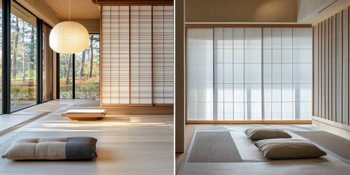 Modern Japanese-Style Living Room with Sliding Doors and Tatami Mat Flooring - Powered by Adobe