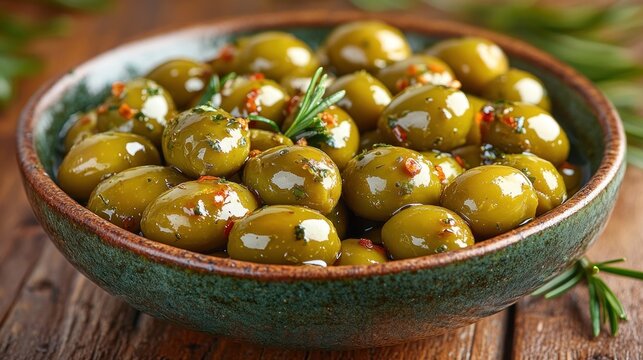Bowl of marinated green olives with herbs and spices. - Powered by Adobe