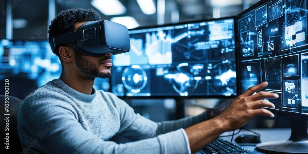 Aufkleber A man wearing a VR headset interacts with a computer screen displaying complex data.
