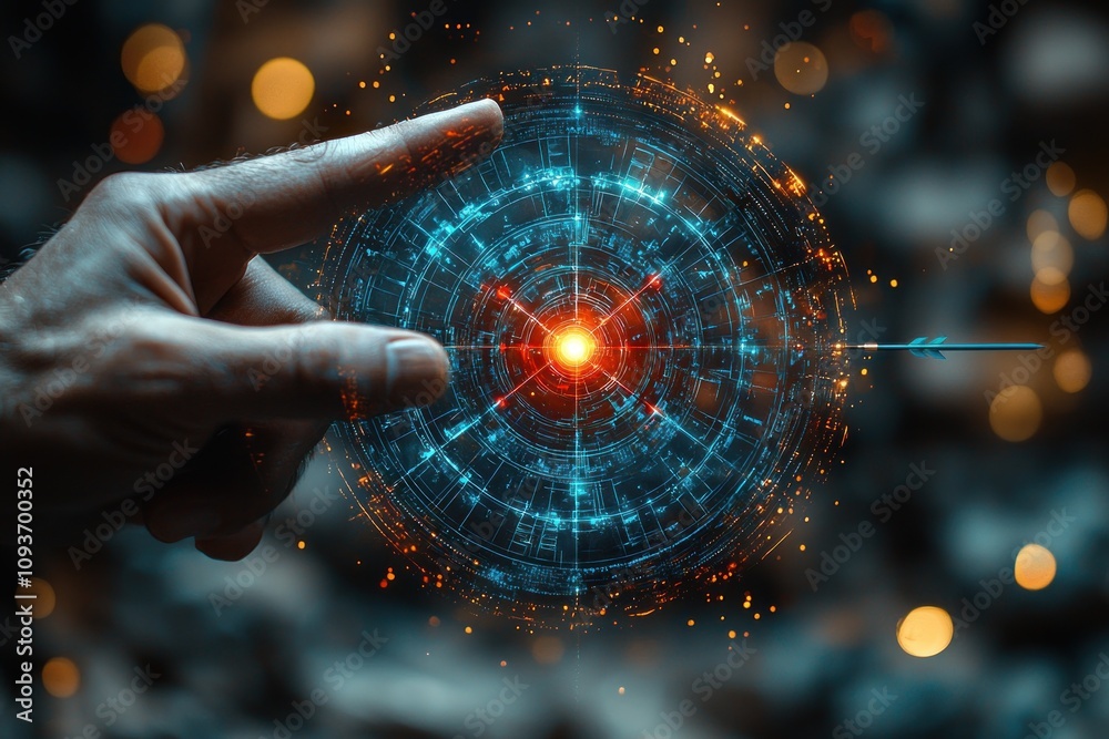 Poster Hand Interacting with a Circular Digital Interface with an Arrow in the Center