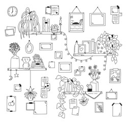 Book shelf. Hand drawn sketch of shelves with books. Home interior design elements. Vector illustration