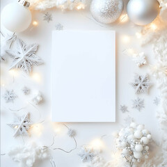 A blank white invitation mockup flat lay surrounded by whimsicial winter wonderland decorations white creams and silver snowflakes bokeh lights in the background decorat